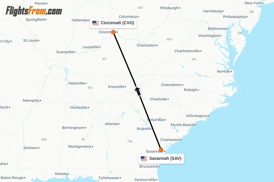 Flights from Savannah to Cincinnati route map