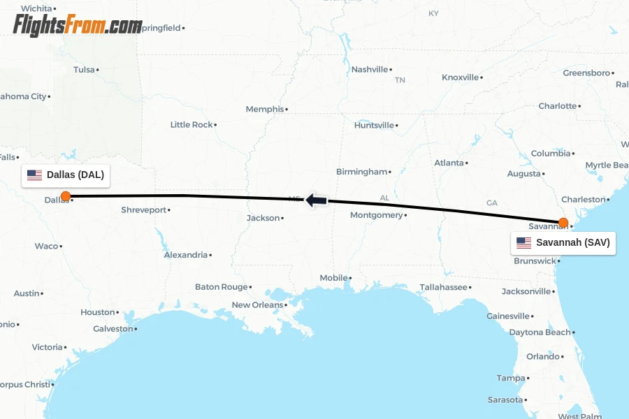 Flights from Savannah to Dallas route map