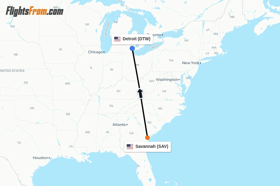 Flights from Savannah to Detroit route map