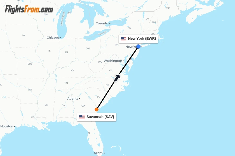 Flights from Savannah to New York route map