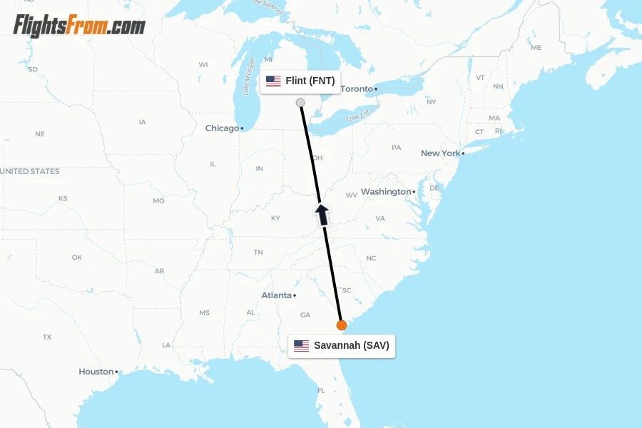 Flights from Savannah to Flint route map