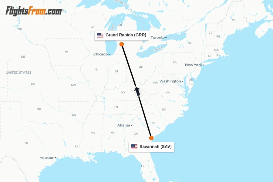 Flights from Savannah to Grand Rapids route map