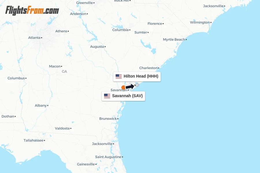 Flights from Savannah to Hilton Head route map
