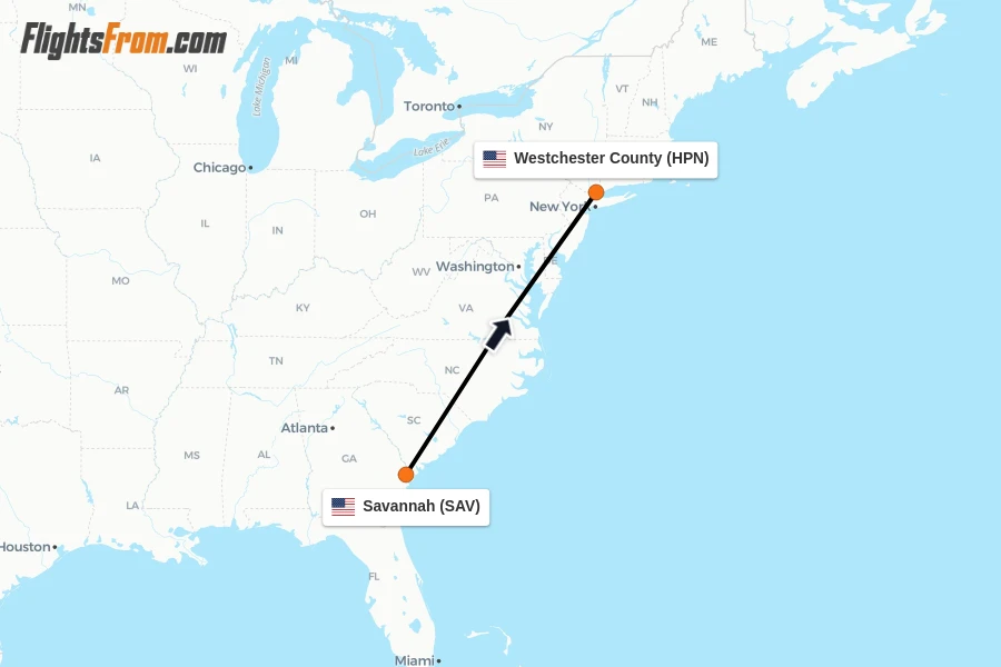 Flights from Savannah to Westchester County route map