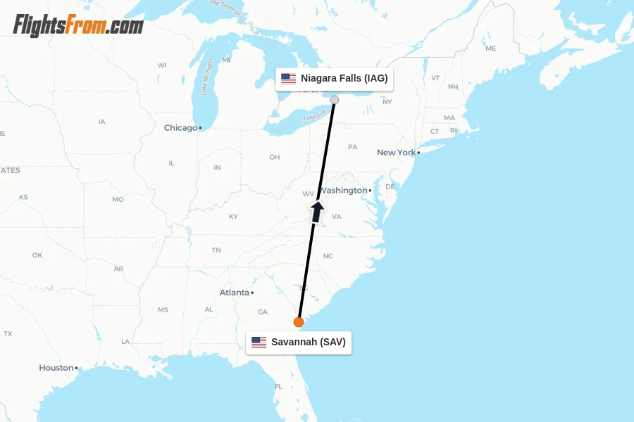 Flights from Savannah to Niagara Falls route map