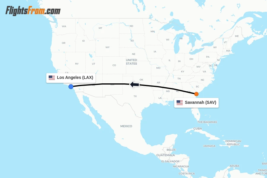 Flights from Savannah to Los Angeles route map