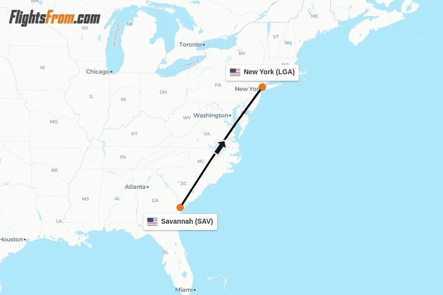 Flights from Savannah to New York route map