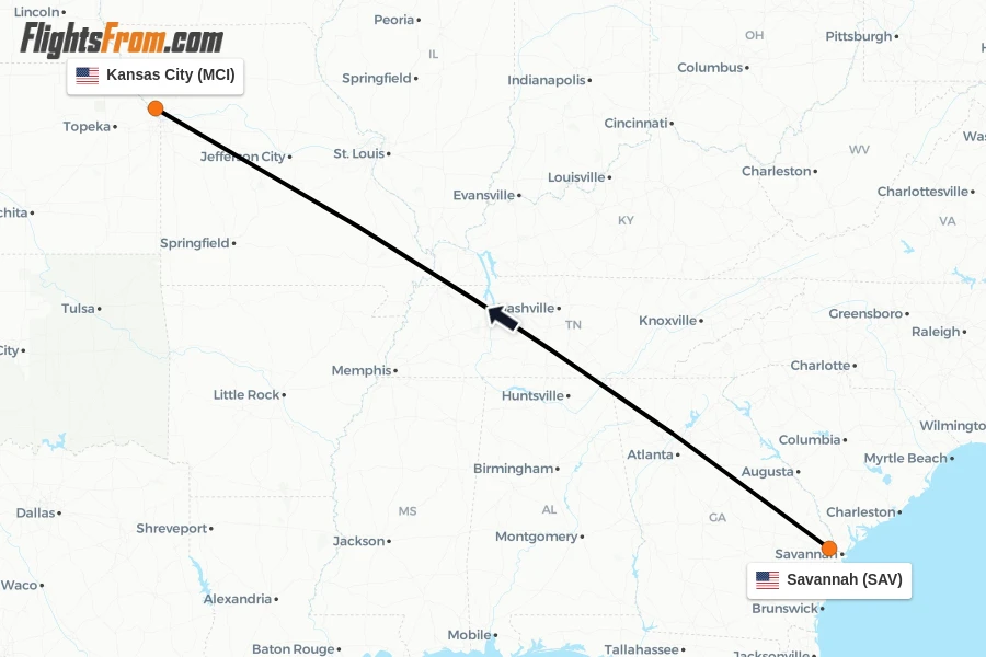 Flights from Savannah to Kansas City route map