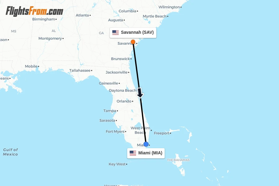 Flights from Savannah to Miami route map