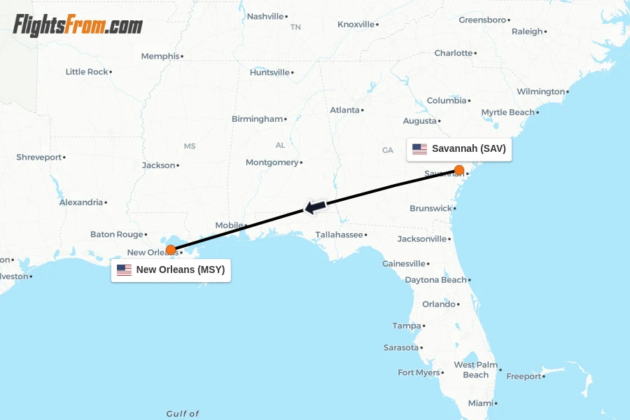 Flights from Savannah to New Orleans route map
