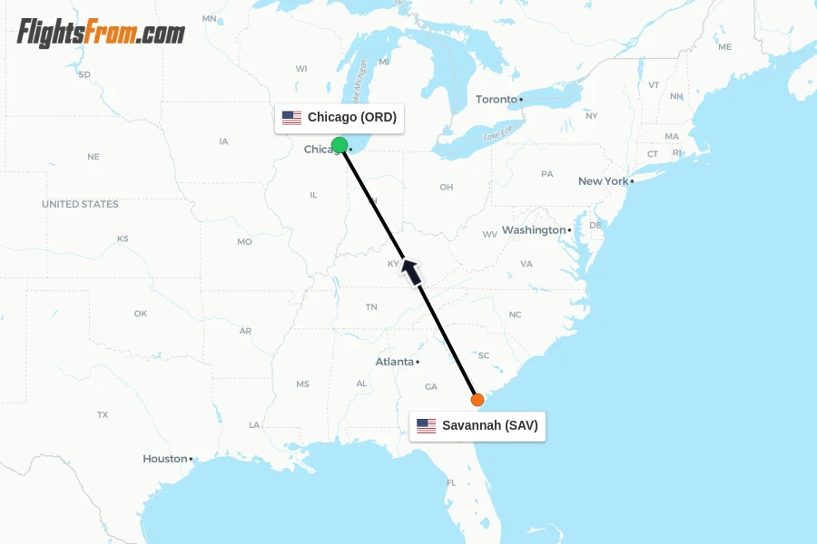 Flights from Savannah to Chicago route map
