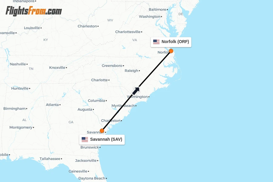 Flights from Savannah to Norfolk route map