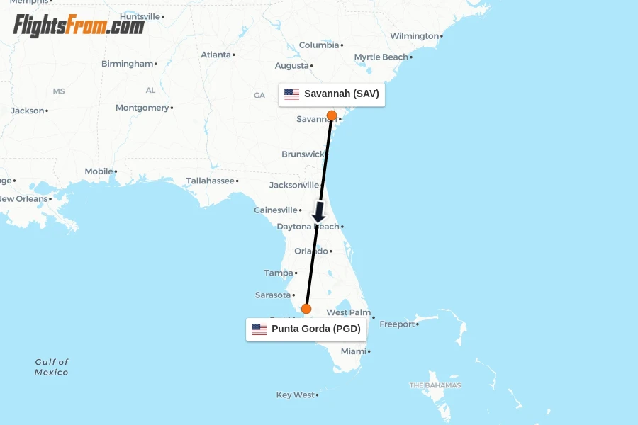 Flights from Savannah to Punta Gorda route map