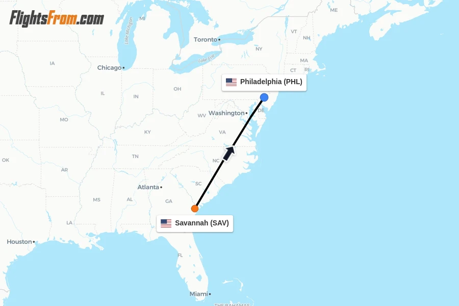 Flights from Savannah to Philadelphia route map