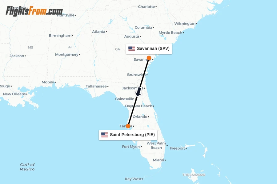 Flights from Savannah to Saint Petersburg route map