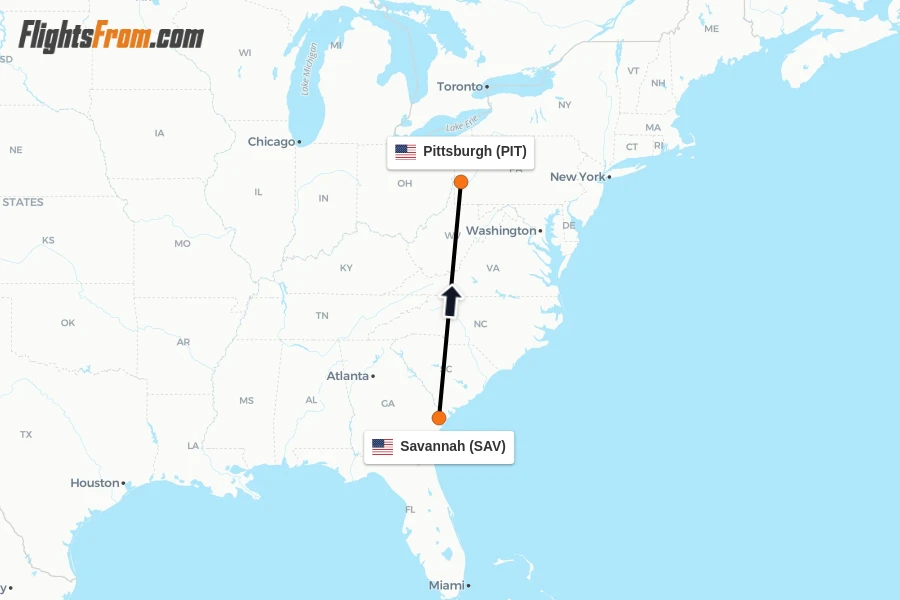 Flights from Savannah to Pittsburgh route map