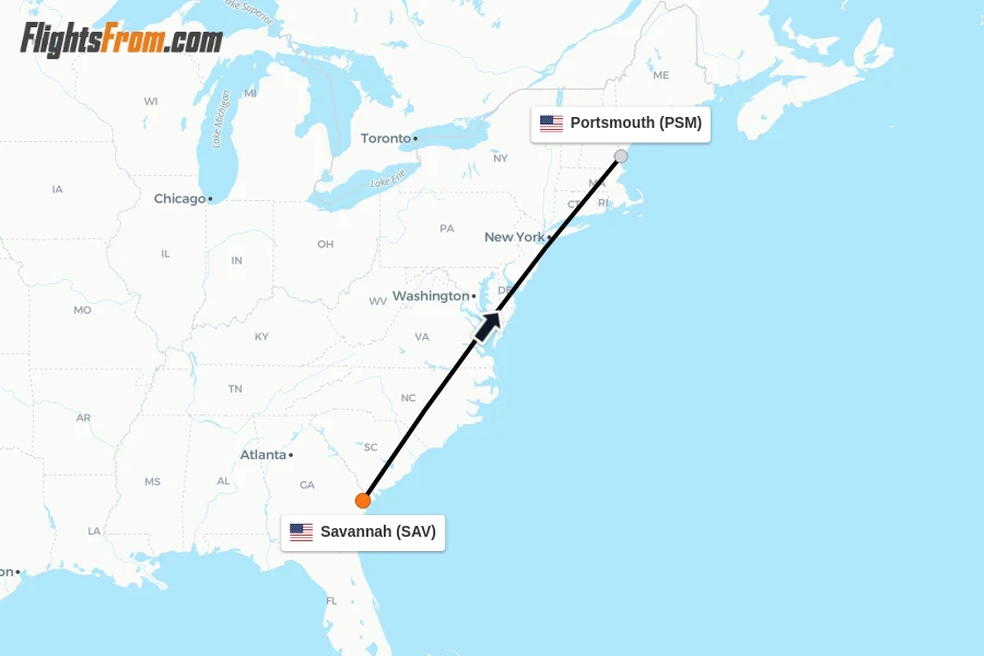 Flights from Savannah to Portsmouth route map