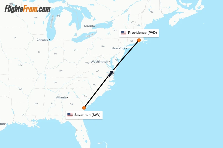 Flights from Savannah to Providence route map