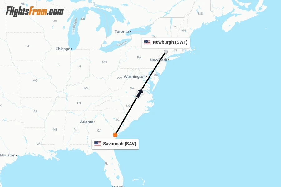 Flights from Savannah to Newburgh route map