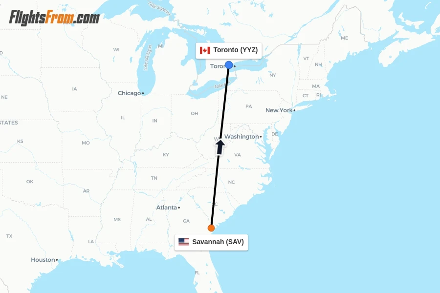 Flights from Savannah to Toronto route map