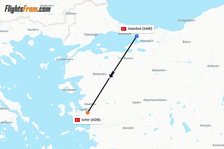 Flights from Istanbul to Izmir route map