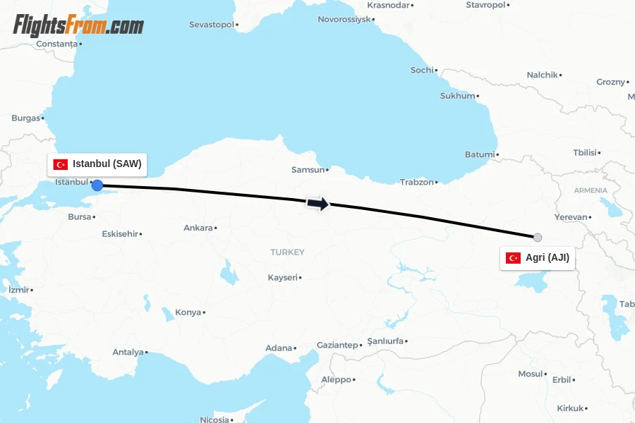 Flights from Istanbul to Agri route map
