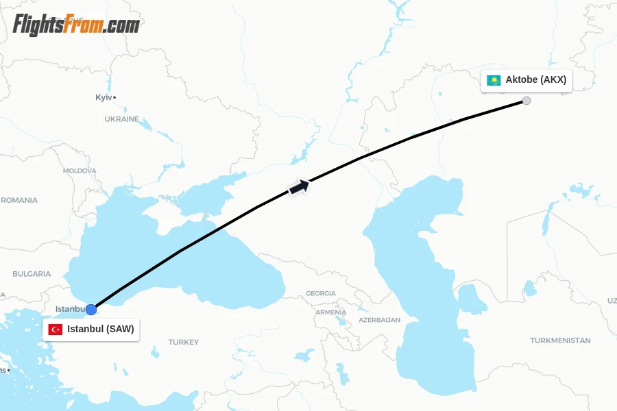 Flights from Istanbul to Aktobe route map