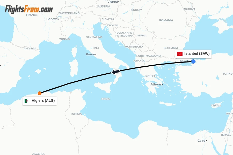 Flights from Istanbul to Algiers route map
