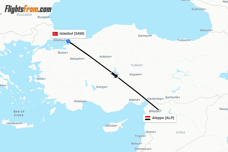 Flights from Istanbul to Aleppo route map