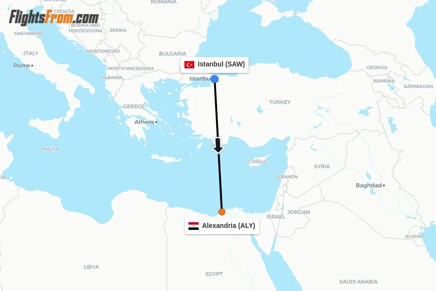 Flights from Istanbul to Alexandria route map