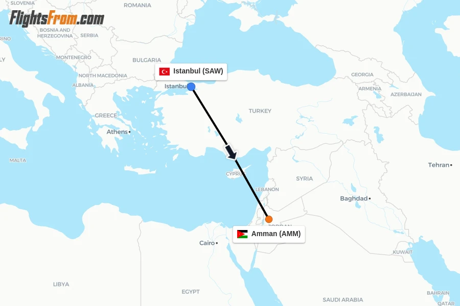 Flights from Istanbul to Amman route map