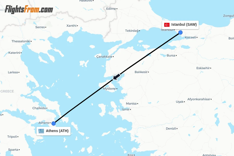 Flights from Istanbul to Athens route map