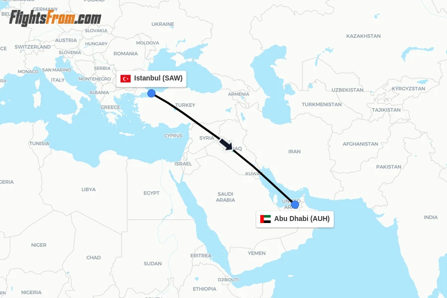 Flights from Istanbul to Abu Dhabi route map