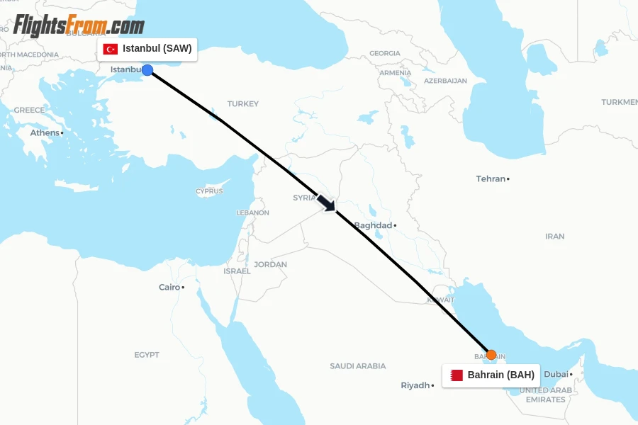 Flights from Istanbul to Bahrain route map