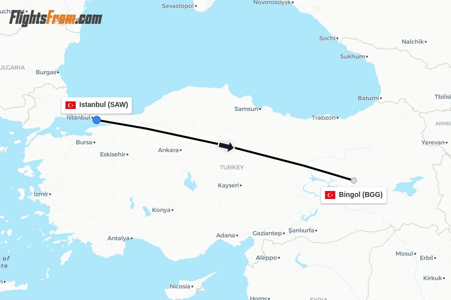 Flights from Istanbul to Bingol route map