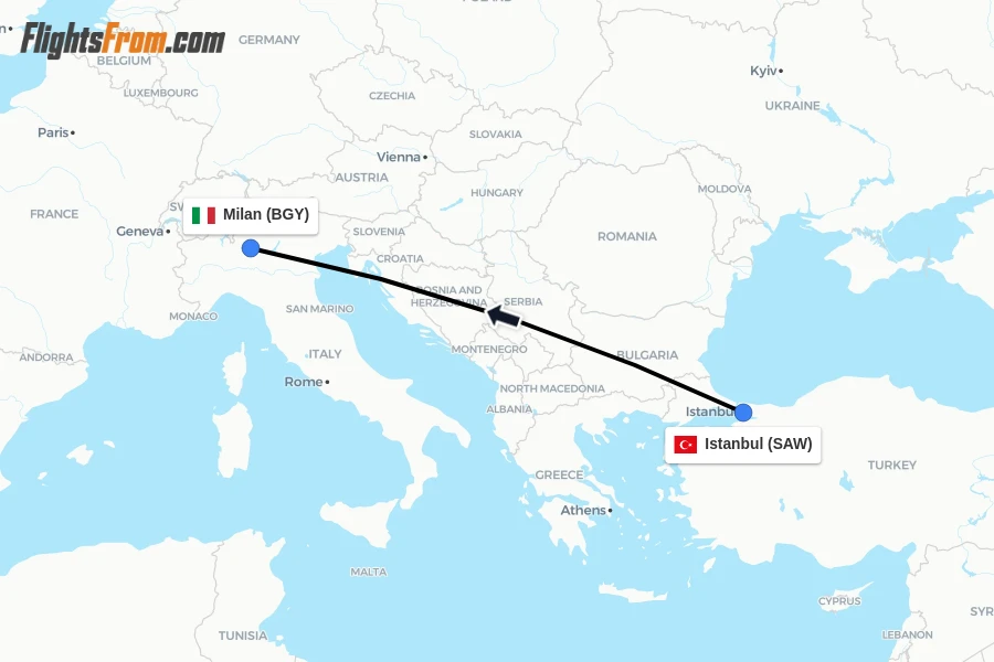 Flights from Istanbul to Milan route map