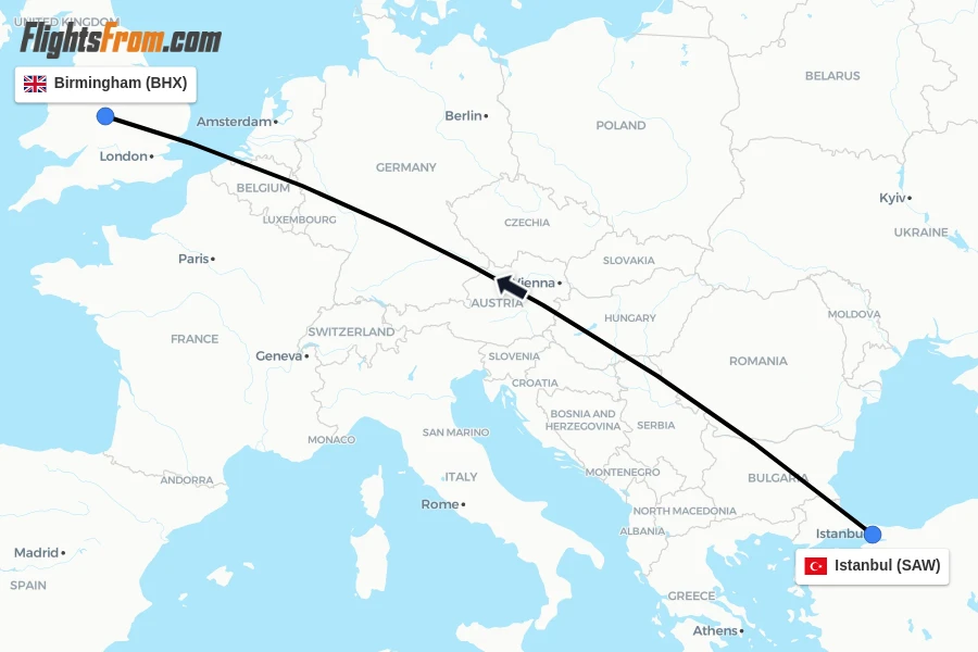 Flights from Istanbul to Birmingham route map