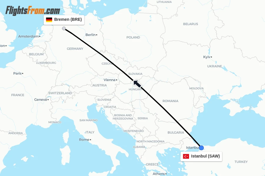 Flights from Istanbul to Bremen route map