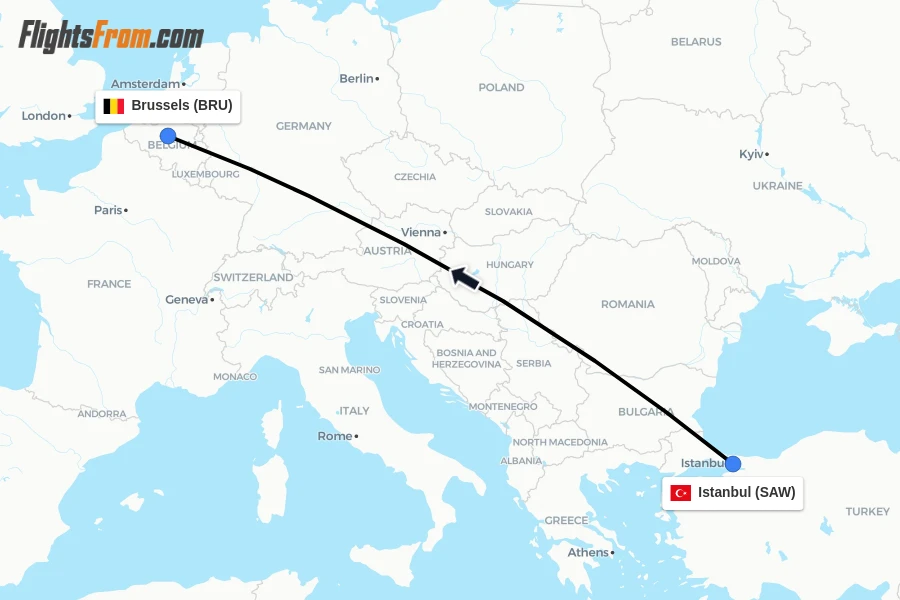 Flights from Istanbul to Brussels route map