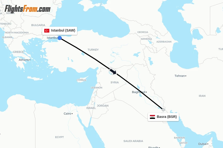 Flights from Istanbul to Basra route map