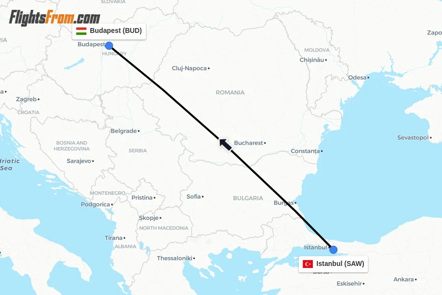 Flights from Istanbul to Budapest route map