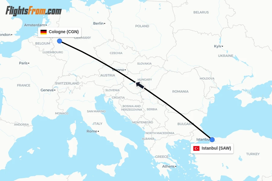 Flights from Istanbul to Cologne route map