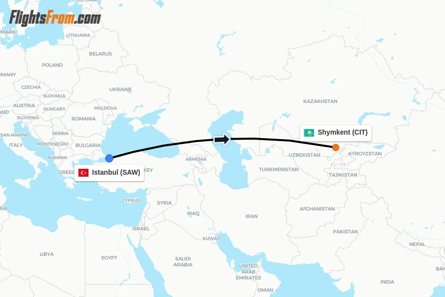Flights from Istanbul to Shymkent route map