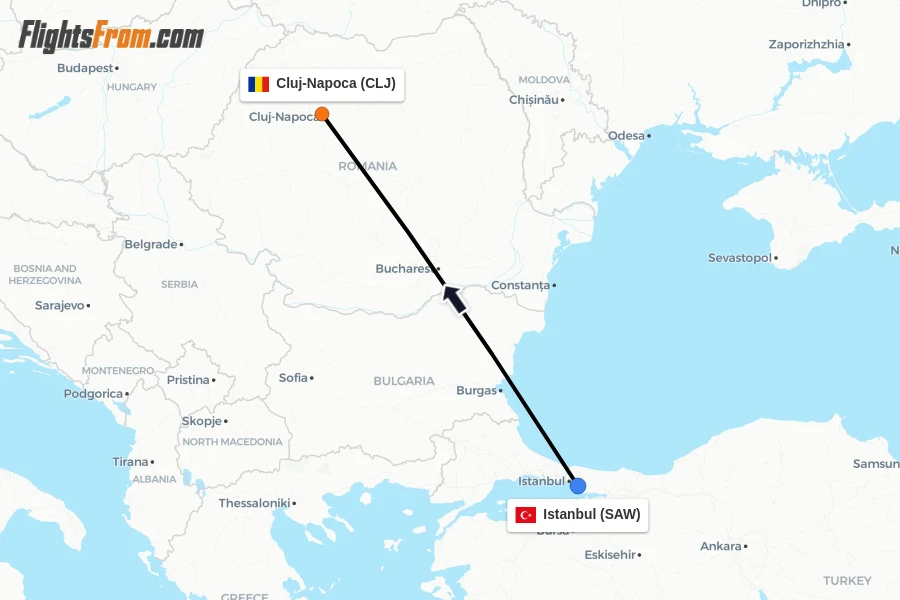 Flights from Istanbul to Cluj-Napoca route map