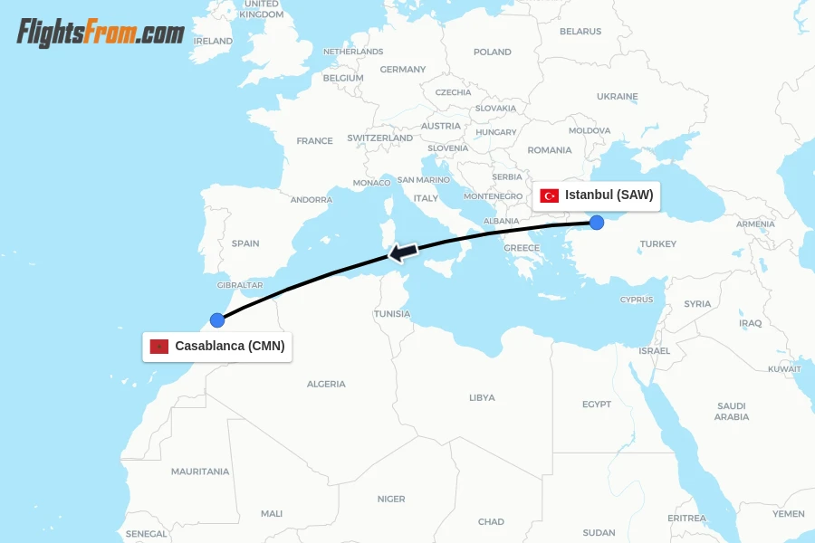 Flights from Istanbul to Casablanca route map