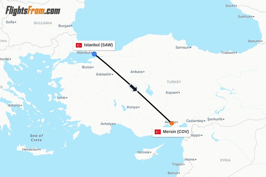 Flights from Istanbul to Mersin route map