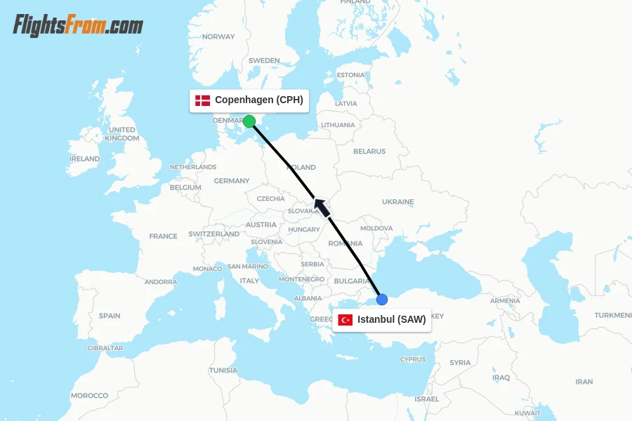 Flights from Istanbul to Copenhagen route map