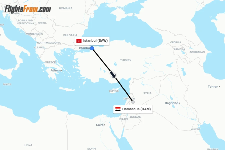 Flights from Istanbul to Damascus route map