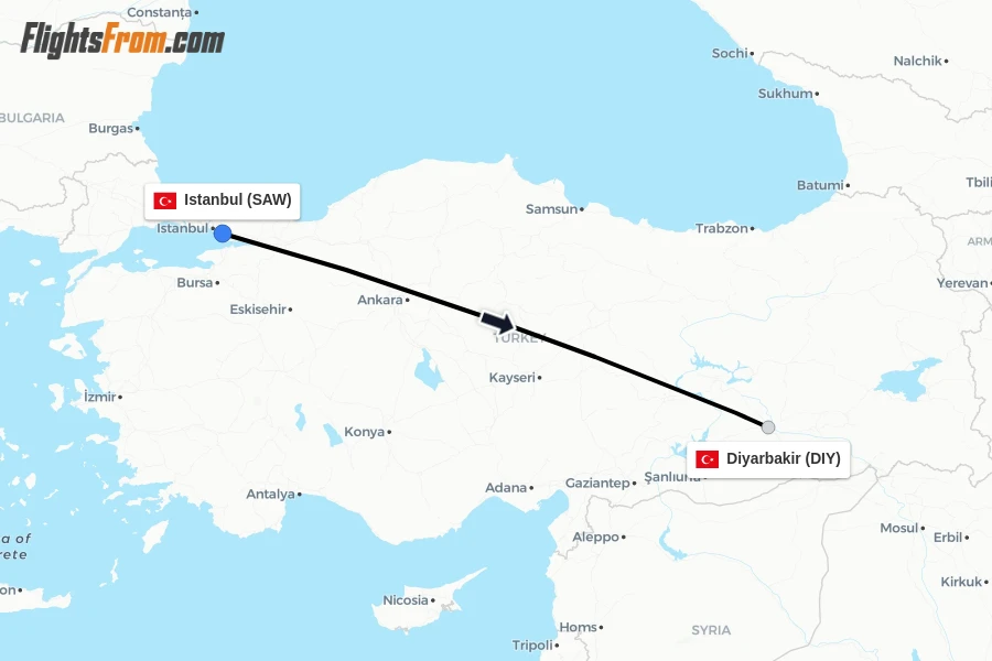 Flights from Istanbul to Diyarbakir route map