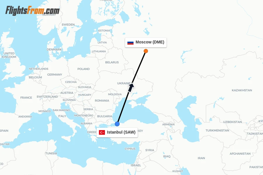 Flights from Istanbul to Moscow route map